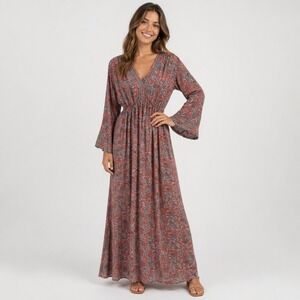 Barok Satin Maxi Dress Womens S/M Multicolor Floral Kaftan Boho Flowy Resortwear